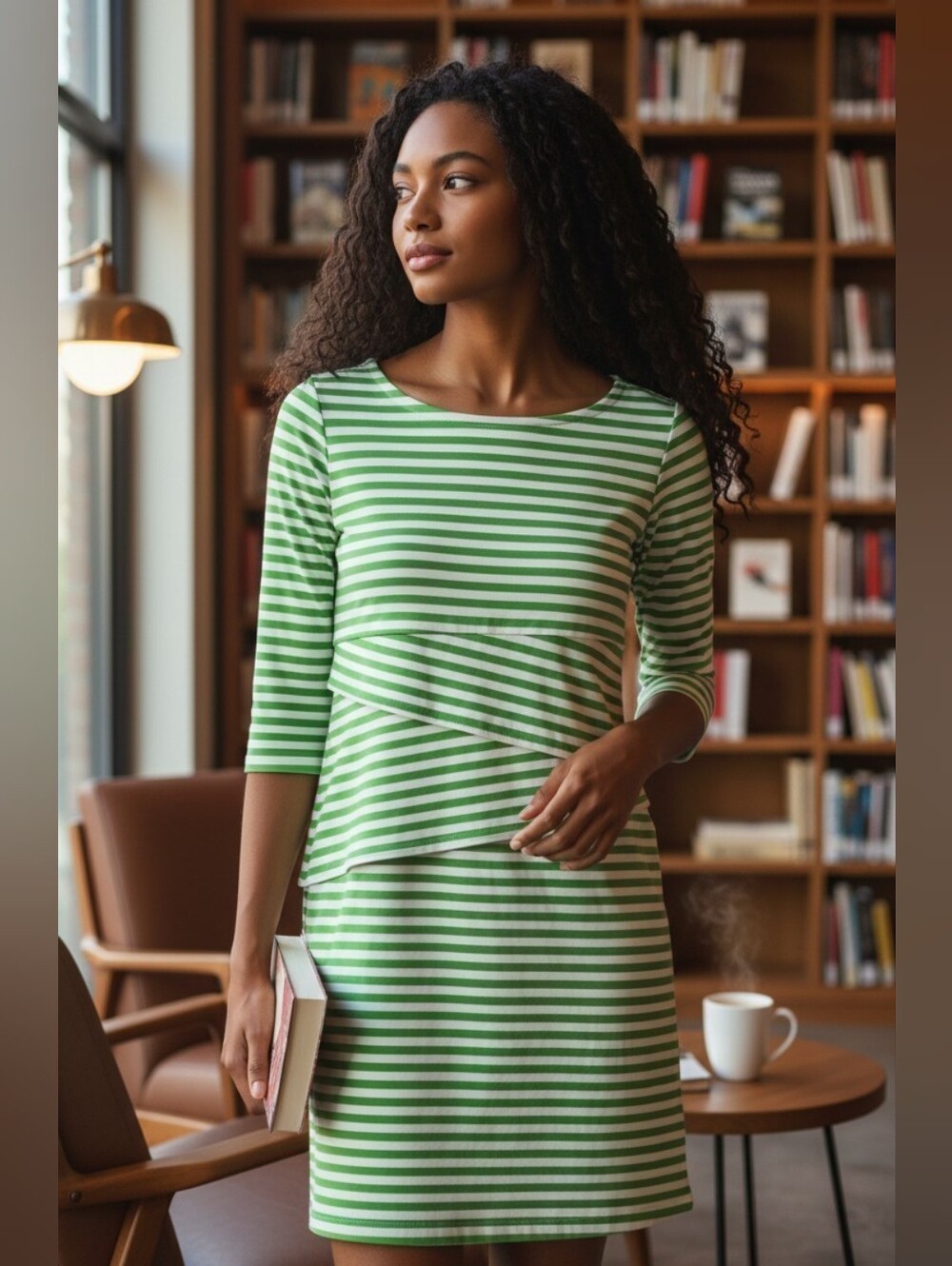 J. McLaughlin Green and White Striped Layered Midi Dress